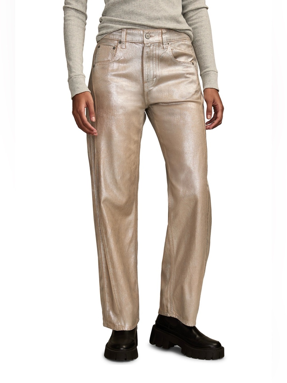LUCKY BRAND Women’s Metallic Taupe Barrel-Leg Jeans.